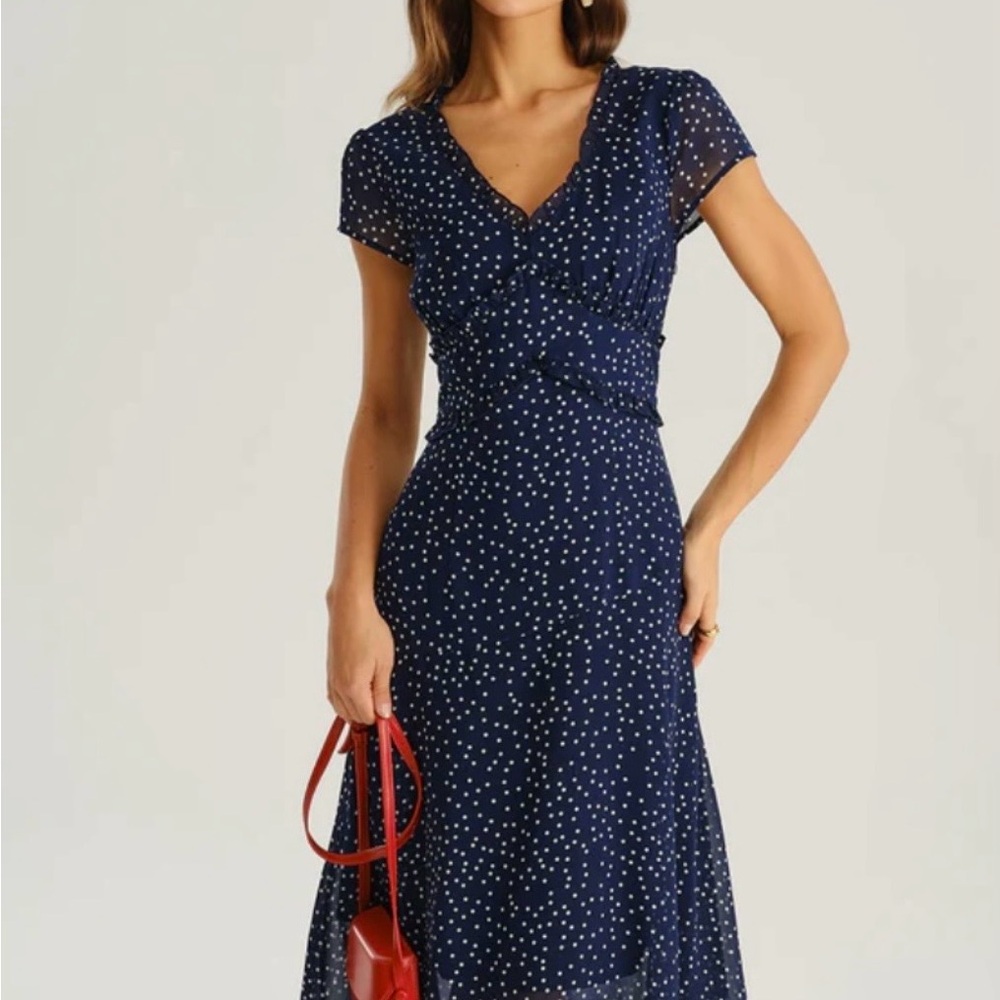 RIHOAS Navy and White Polka Dot Midi Dress